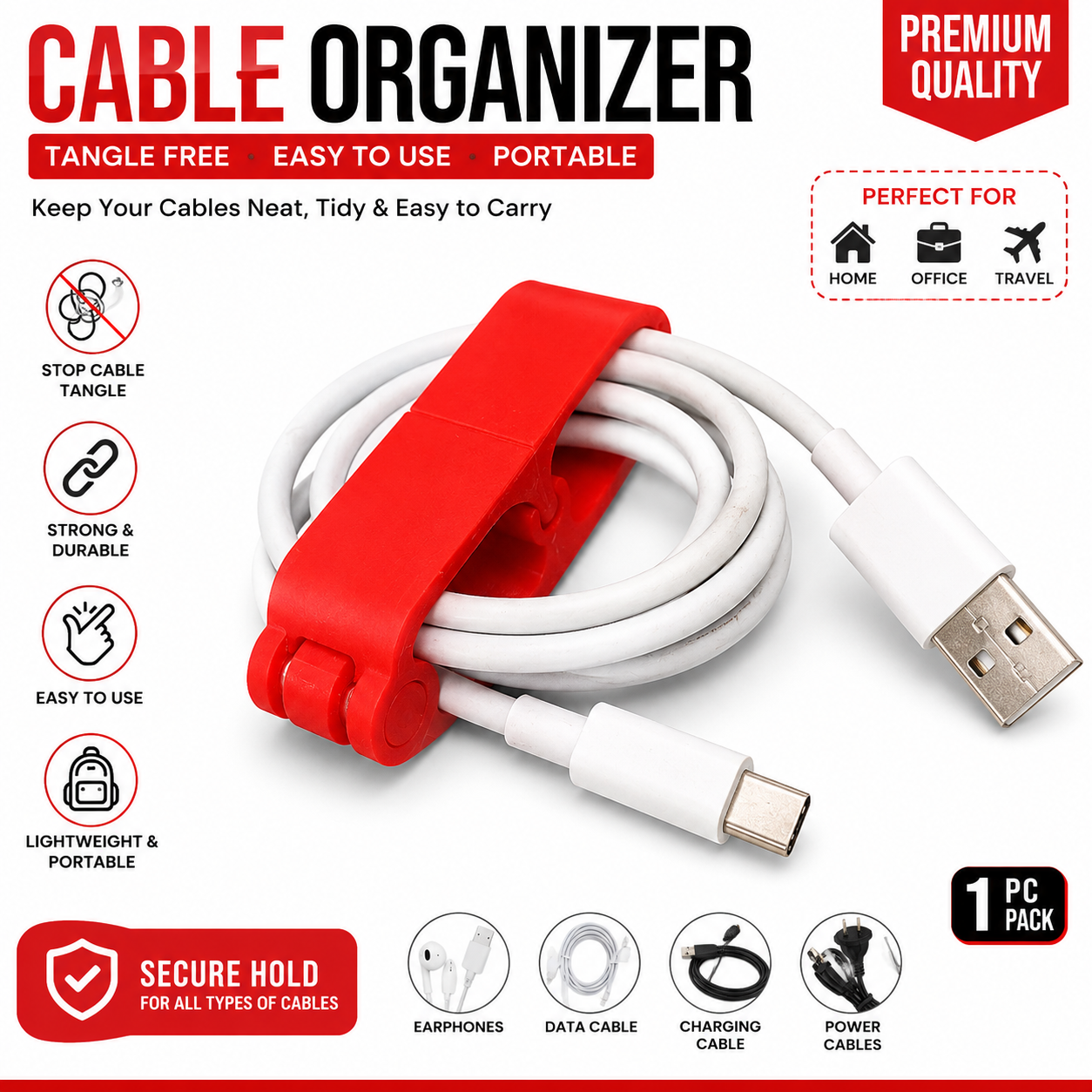 Phoenix Homecare Cable Organizer Clip | Desk Wire Management Holder | USB Charging Cable Holder | Cord Organizer for Home, Office & Travel (Red)