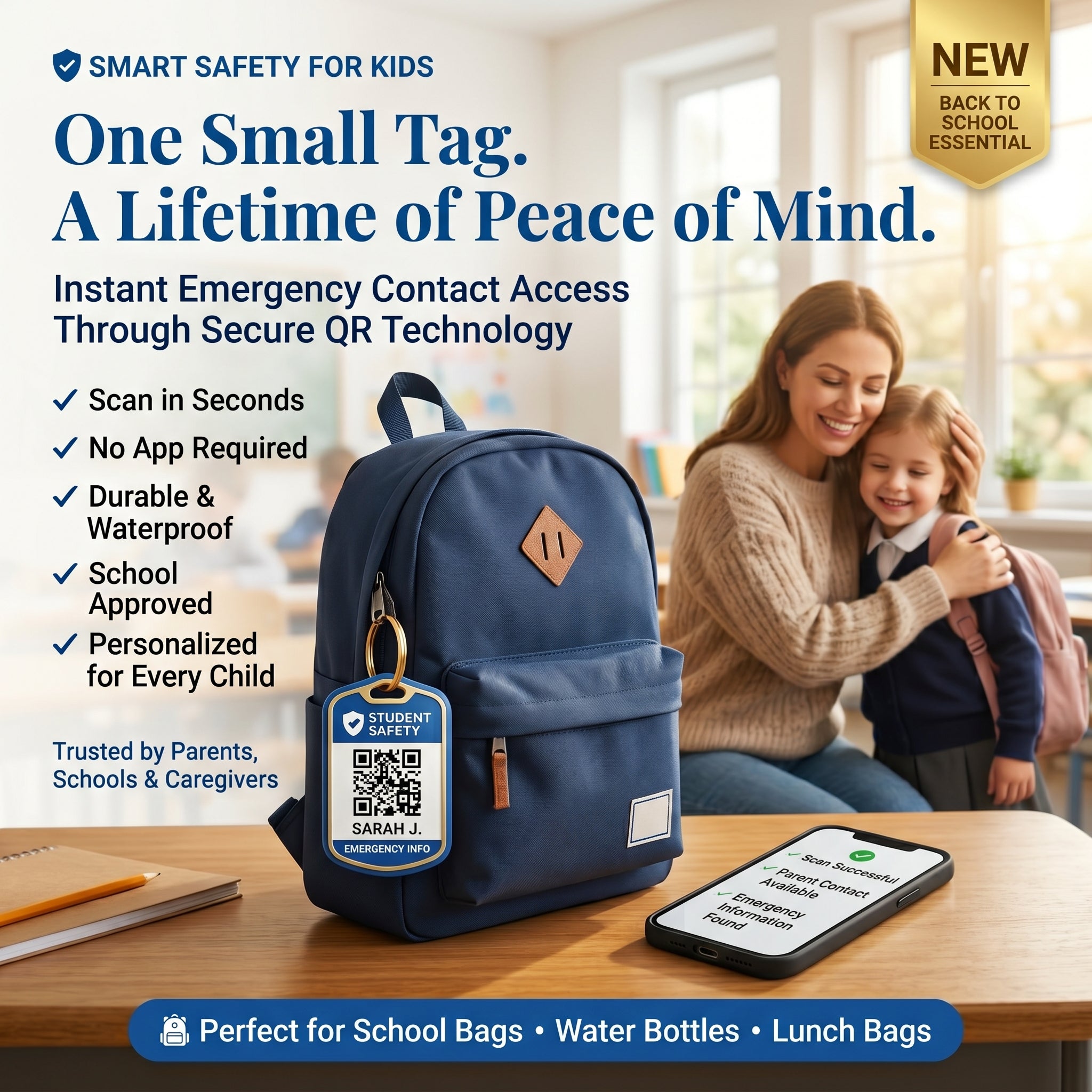 Smart Kids Safety QR Tag | Emergency Contact School Bag ID | Child Safety Badge with QR Code