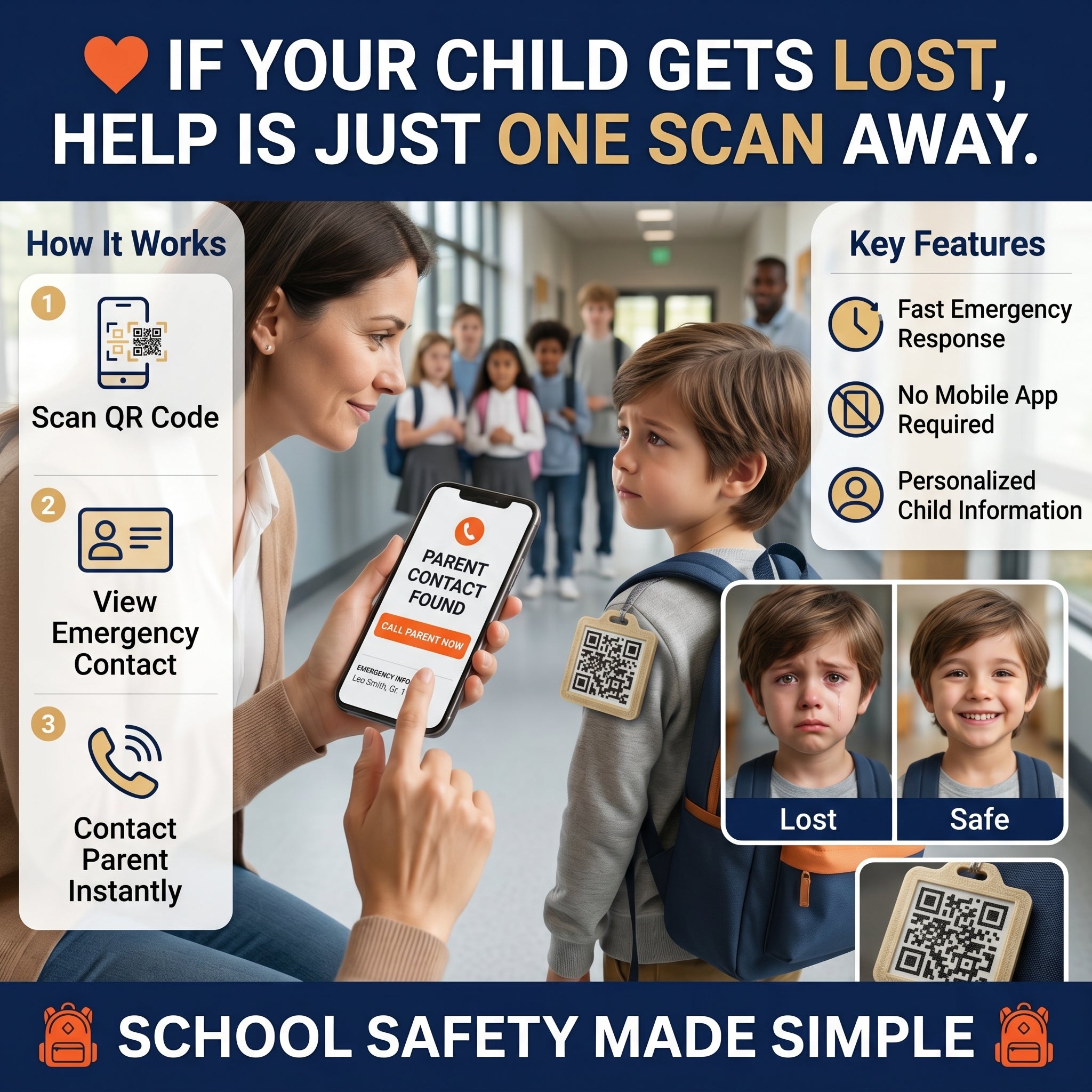 Smart Kids Safety QR Tag | Emergency Contact School Bag ID | Child Safety Badge with QR Code