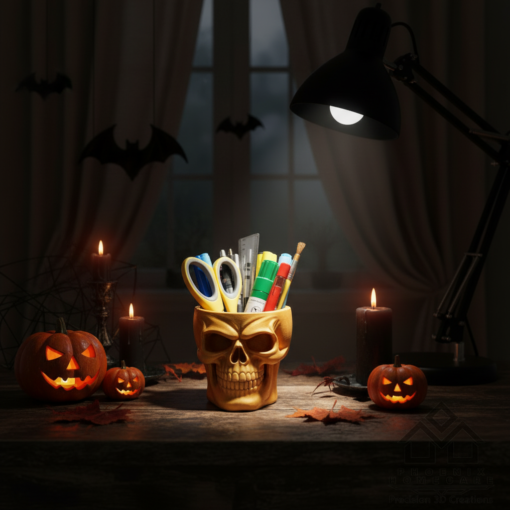 Skull Pen Holder – Gothic Desk Organizer | Cool 3D Printed Office Desk Decor & Gift Idea