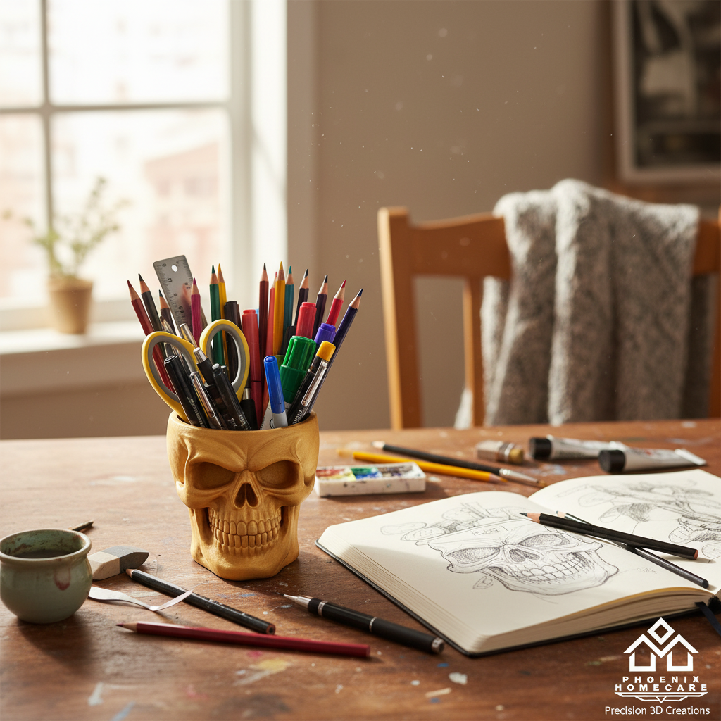 Skull Pen Holder – Gothic Desk Organizer | Cool 3D Printed Office Desk Decor & Gift Idea
