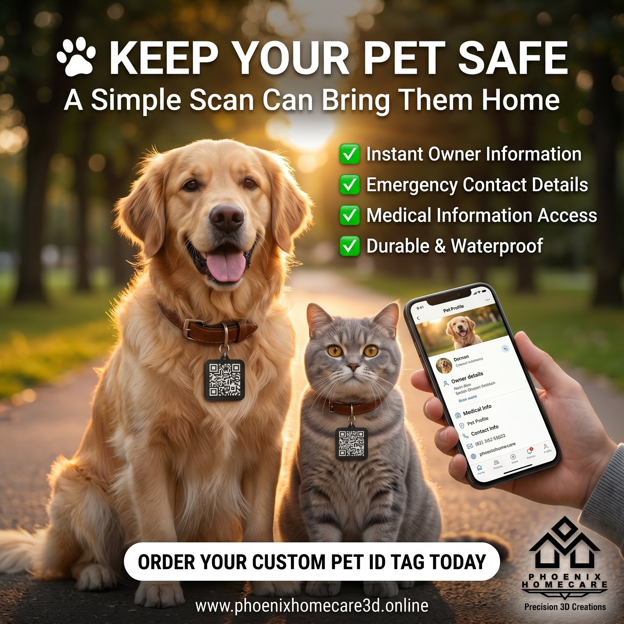 Custom QR Pet ID Tag | Personalized Dog & Cat Collar Tag | Smart Pet Safety Tag